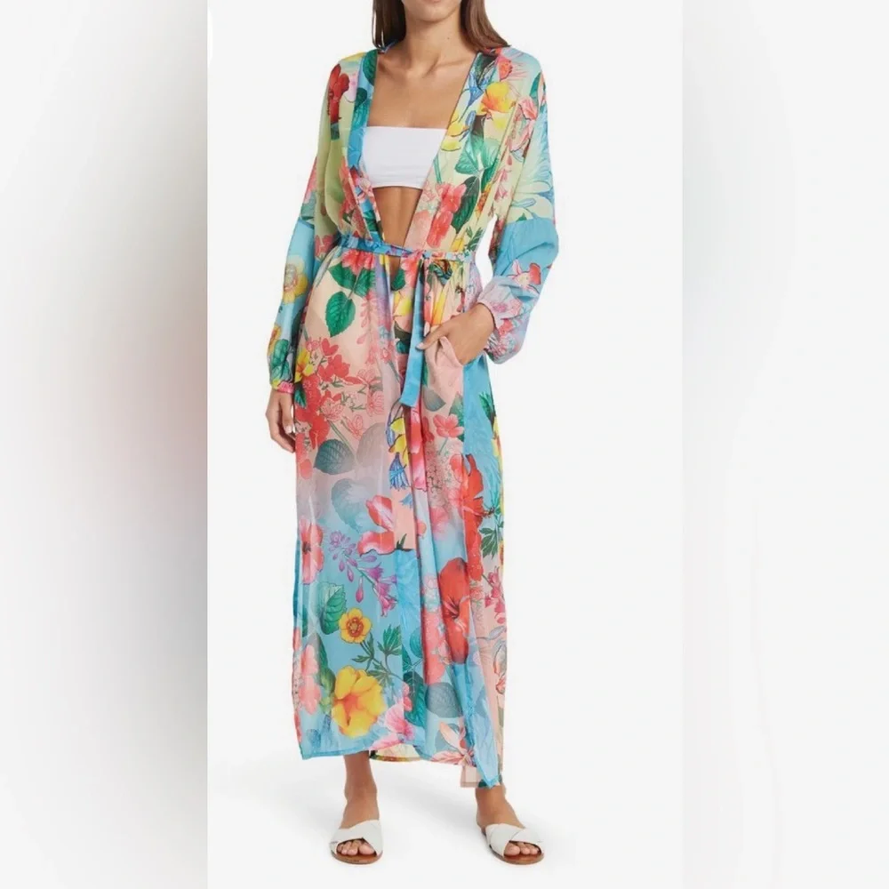 Ranee’s Tropical Floral Sheer Beach Cover-Up Kimono in Blue & Multicolor
